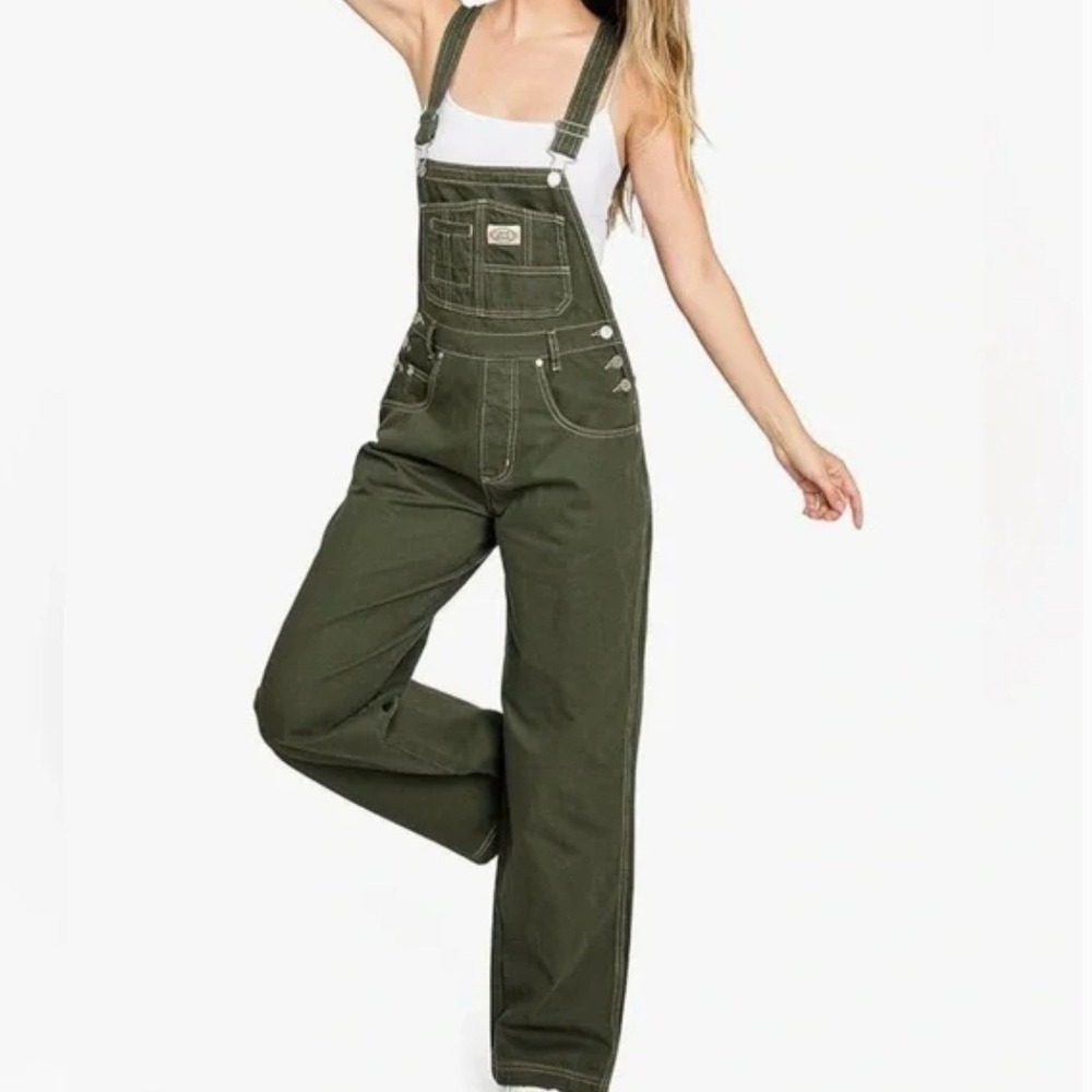 Luna Roux 90s Retro Dungaree Utility Twill Overalls Size M Wide Leg Olive Green